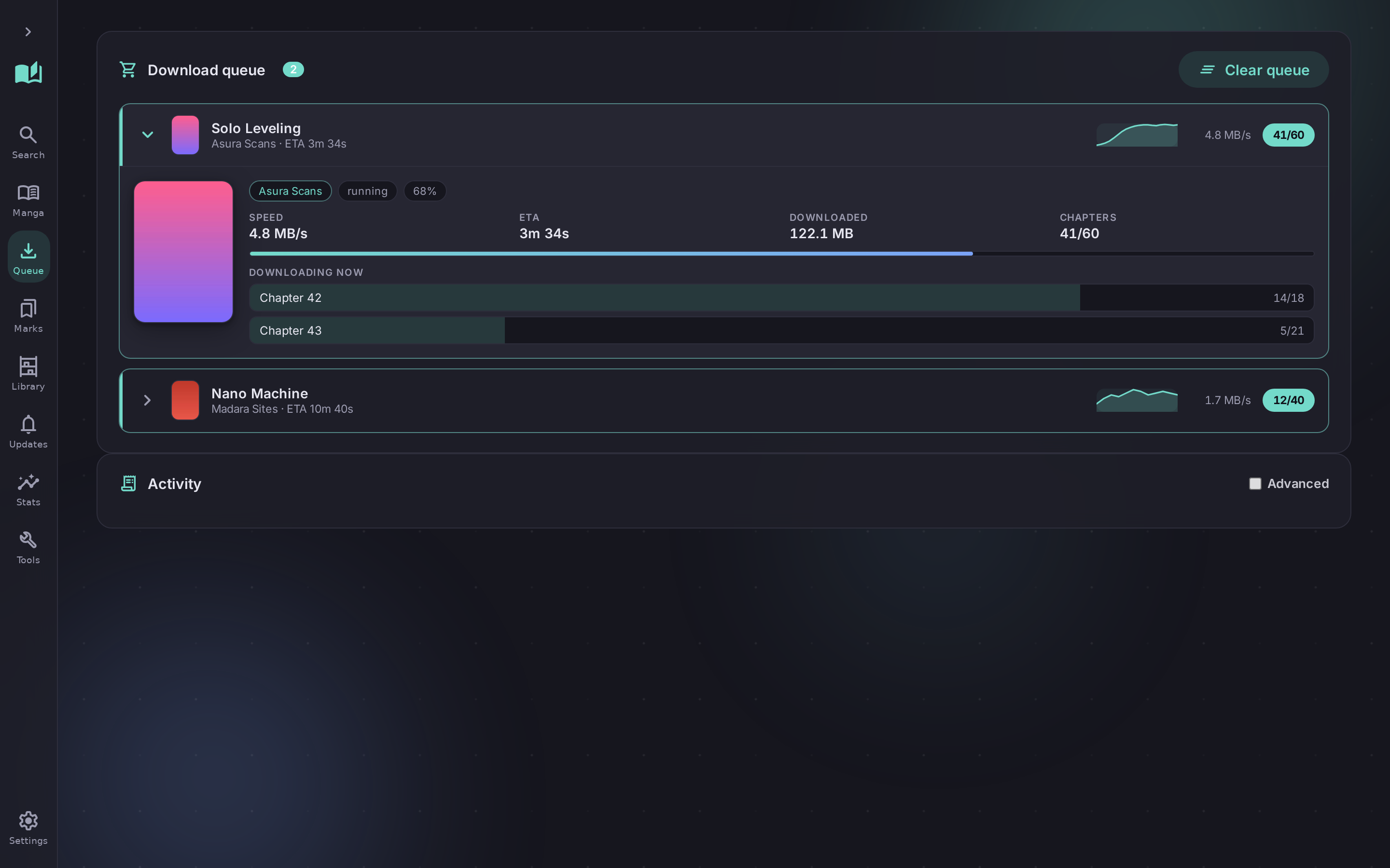 The download queue with collapsible per-series tiles